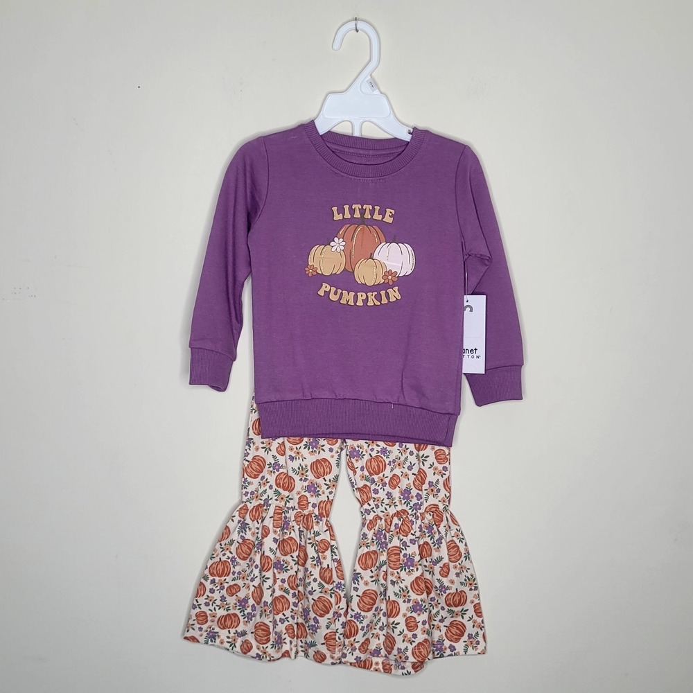NWT‎ Planet Cotton Toddler Girls 2T Purple Orange 2 Pc Little Pumpkin Pant Set